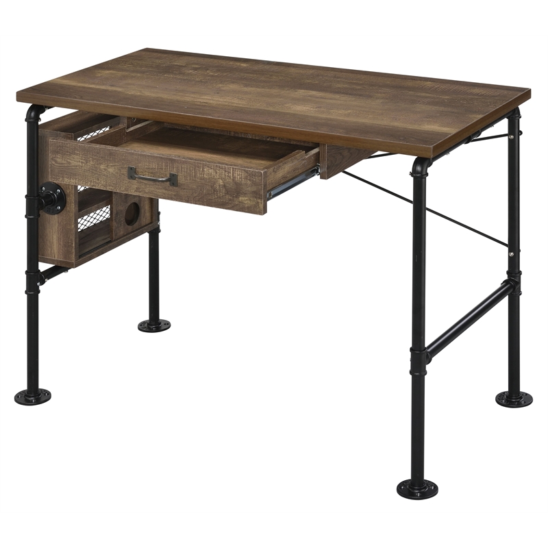 Bowery Hill Wood Writing Desk with Drawer in Weathered Oak and Black