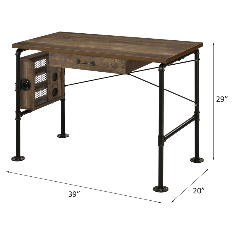 Bowery Hill Wood Writing Desk with Drawer in Weathered Oak and Black