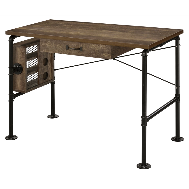 Bowery Hill Wood Writing Desk with Drawer in Weathered Oak and Black