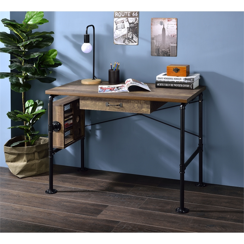 Bowery Hill Wood Writing Desk with Drawer in Weathered Oak and Black