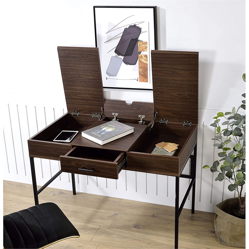 Bowery Hill Wooden Writing Desk with USB Port and Storage in Oak and Black