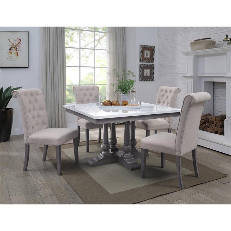 Bowery Hill Square Dining Table with Marble Top in White and Gray Oak