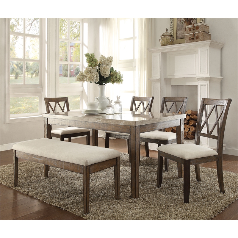 Bowery Hill Beige Linen Side Chair with XX Backrest and Salvage Brown Frame
