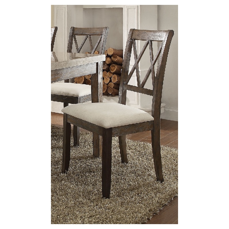 Bowery Hill Beige Linen Side Chair with XX Backrest and Salvage Brown Frame