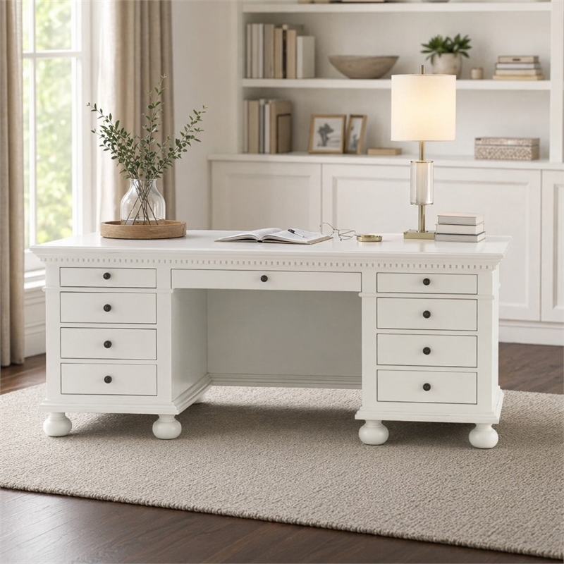 Bowery Hill Cream Wood Executive Desk with 9 Drawers and Bun Legs