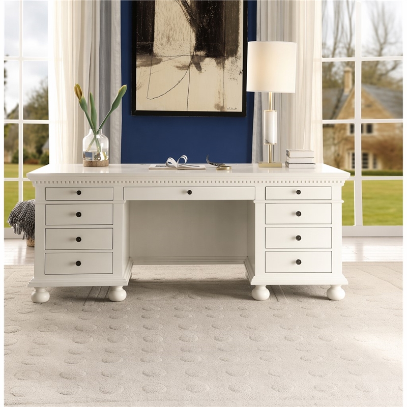 Bowery Hill Cream Wood Executive Desk with 9 Drawers and Bun Legs