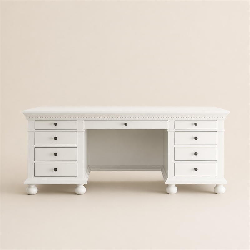 Bowery Hill Cream Wood Executive Desk with 9 Drawers and Bun Legs