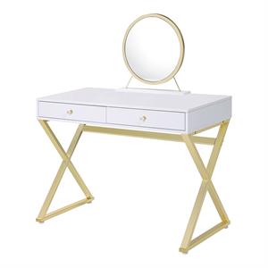 Bowery Hill 2-Drawer Vanity Desk w/ Jewelry Tray in White & Gold