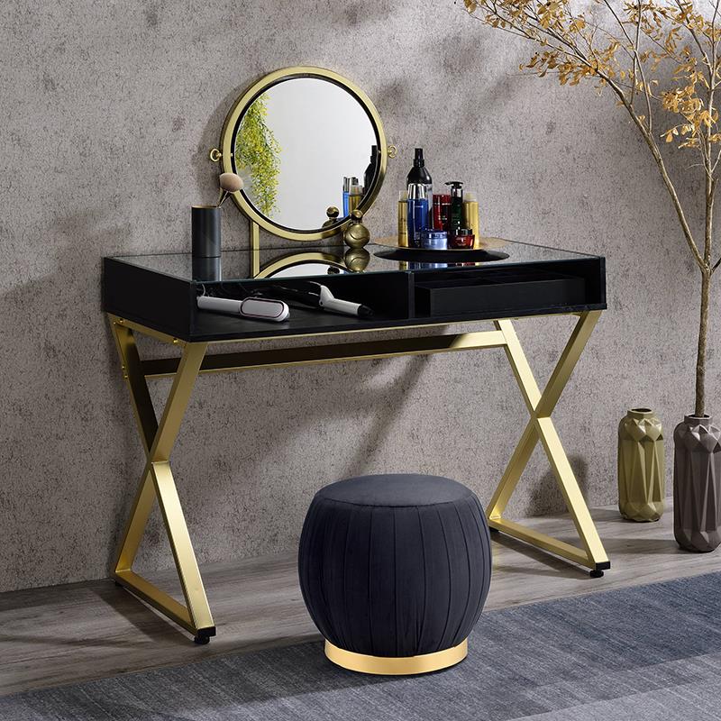 Bowery Hill Glass Top Vanity Desk w/ Mirror & Jewelry Tray in Black