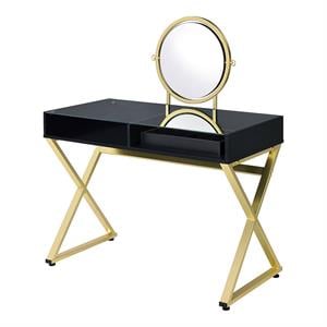 Bowery Hill Glass Top Vanity Desk w/ Mirror & Jewelry Tray in Black