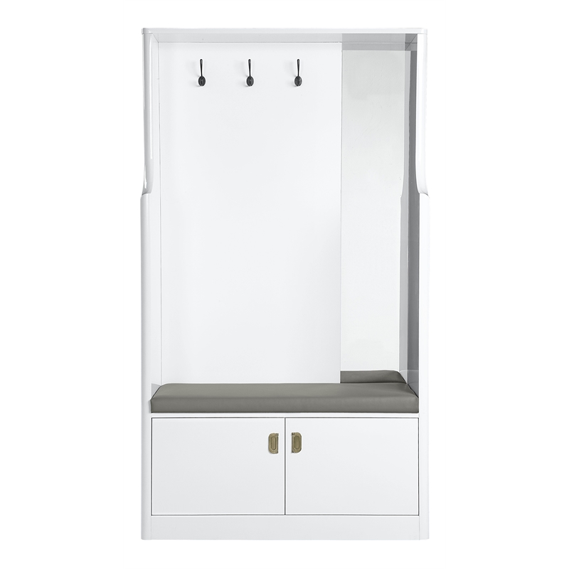 Bowery Hill Buck II 2-Door Wooden Hall Tree with Hooks and Mirror in White