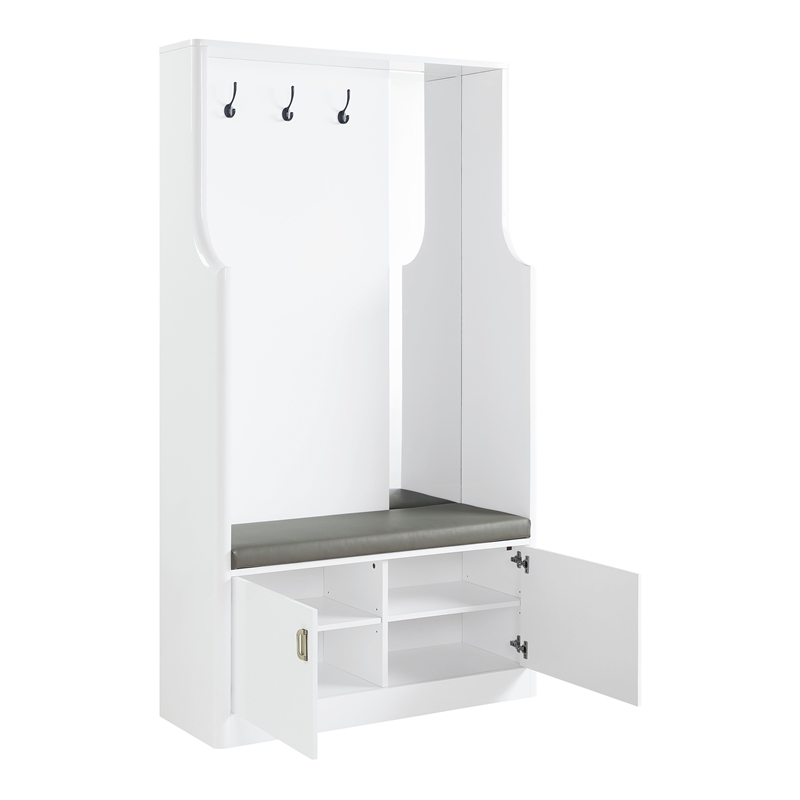 Bowery Hill Buck II 2-Door Wooden Hall Tree with Hooks and Mirror in White