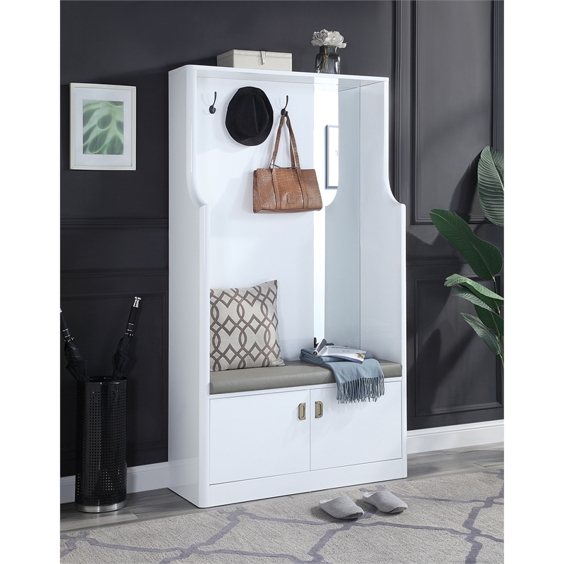 Bowery Hill Buck II 2-Door Wooden Hall Tree with Hooks and Mirror in White