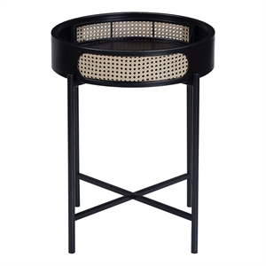 Bowery Hill Tray Top Round Wooden End Table with Rattan Insert in Black