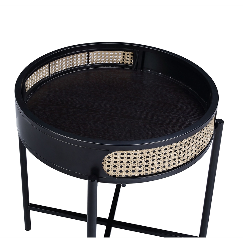 Bowery Hill Tray Top Round Wooden End Table with Rattan Insert in Black