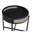 Bowery Hill Tray Top Round Wooden End Table with Rattan Insert in Black