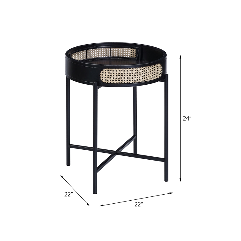 Bowery Hill Tray Top Round Wooden End Table with Rattan Insert in Black