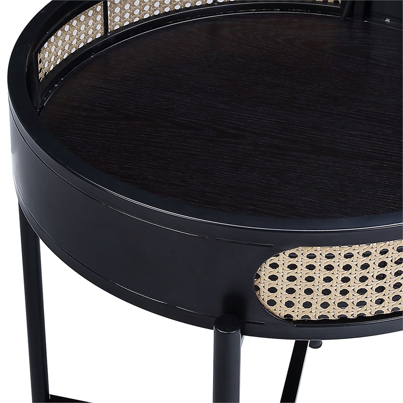 Bowery Hill Tray Top Round Wooden End Table with Rattan Insert in Black