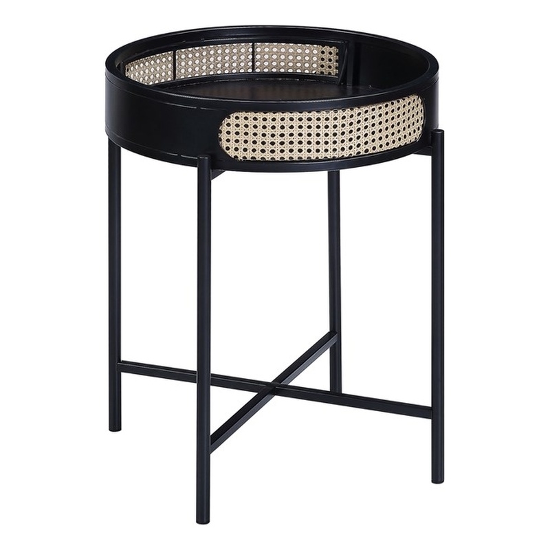 Bowery Hill Tray Top Round Wooden End Table with Rattan Insert in Black