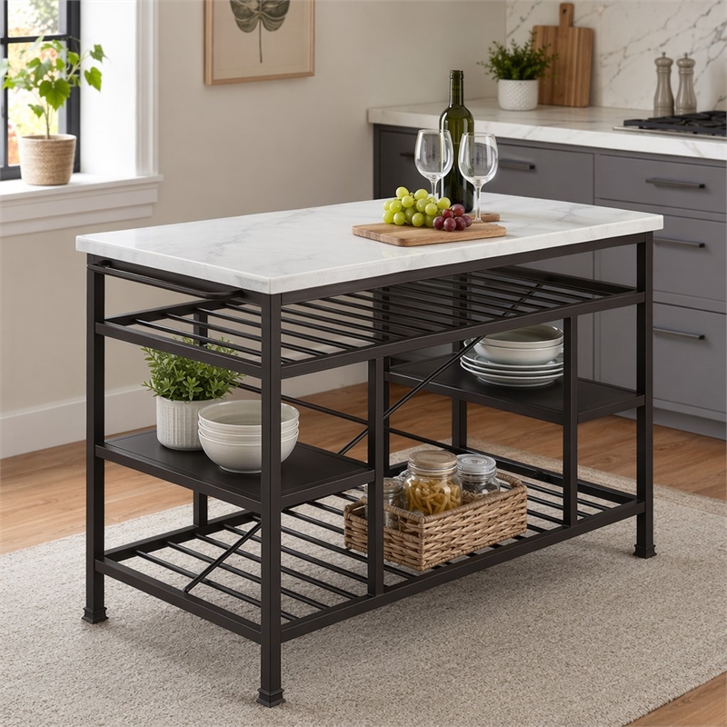 Bowery Hill Lanzo Kitchen Island with Marble Top in Gunmetal