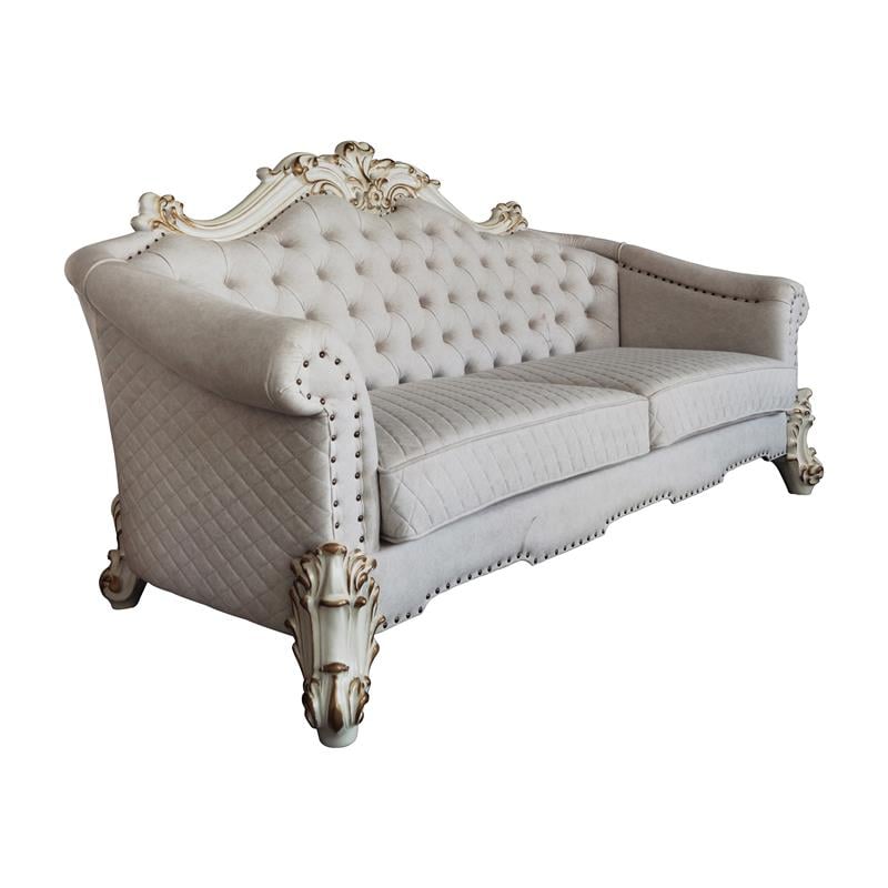 Bowery Hill Sofa with 6 Pillows in Two Tone Ivory Fabric and Antique Pearl