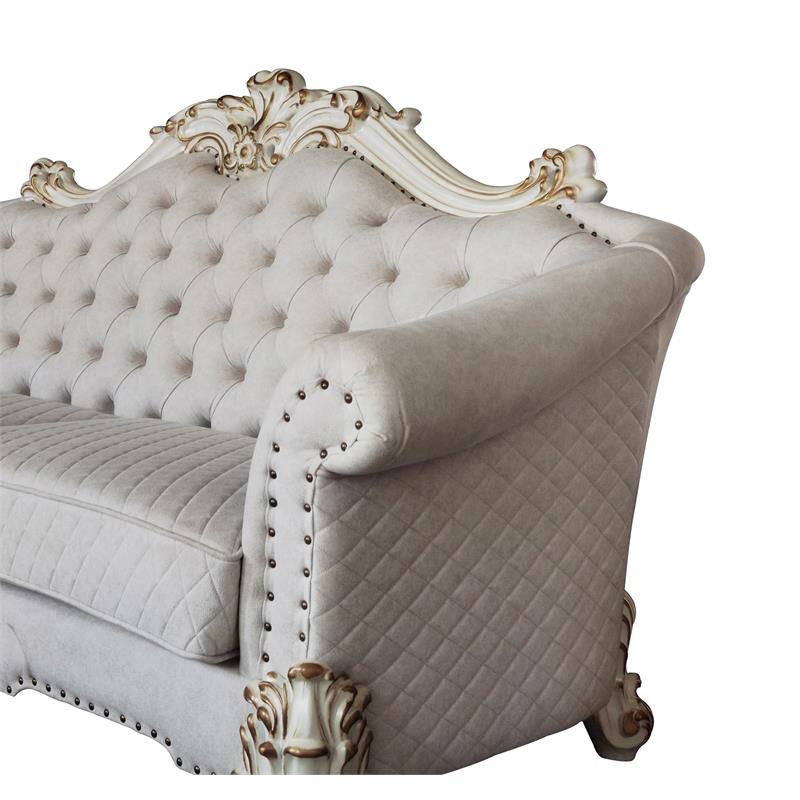 Bowery Hill Sofa with 6 Pillows in Two Tone Ivory Fabric and Antique Pearl