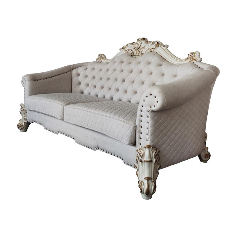 Bowery Hill Sofa with 6 Pillows in Two Tone Ivory Fabric and Antique Pearl