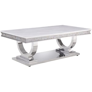 Bowery Hill Coffee Table with Faux Marble Top in White and Silver Finish