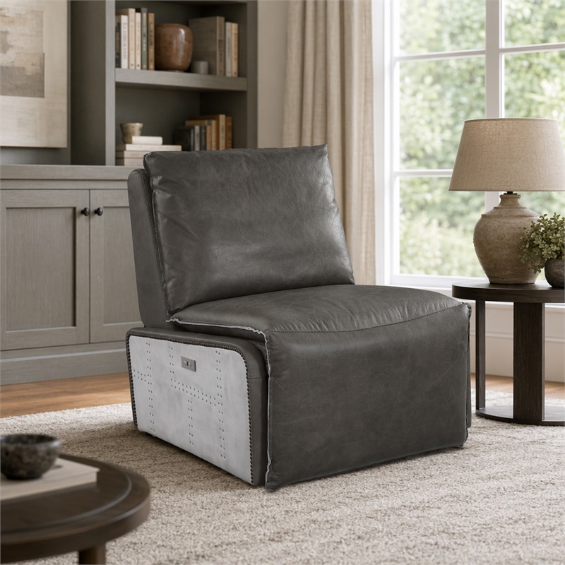 Bowery Hill Power Motion Recliner in Gray Leather and Aluminum