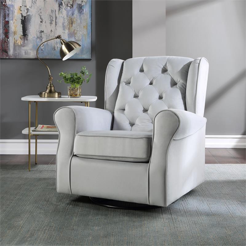 Bowery Hill Swivel Chair with Glider and Nail-Head Accent in Gray Fabric