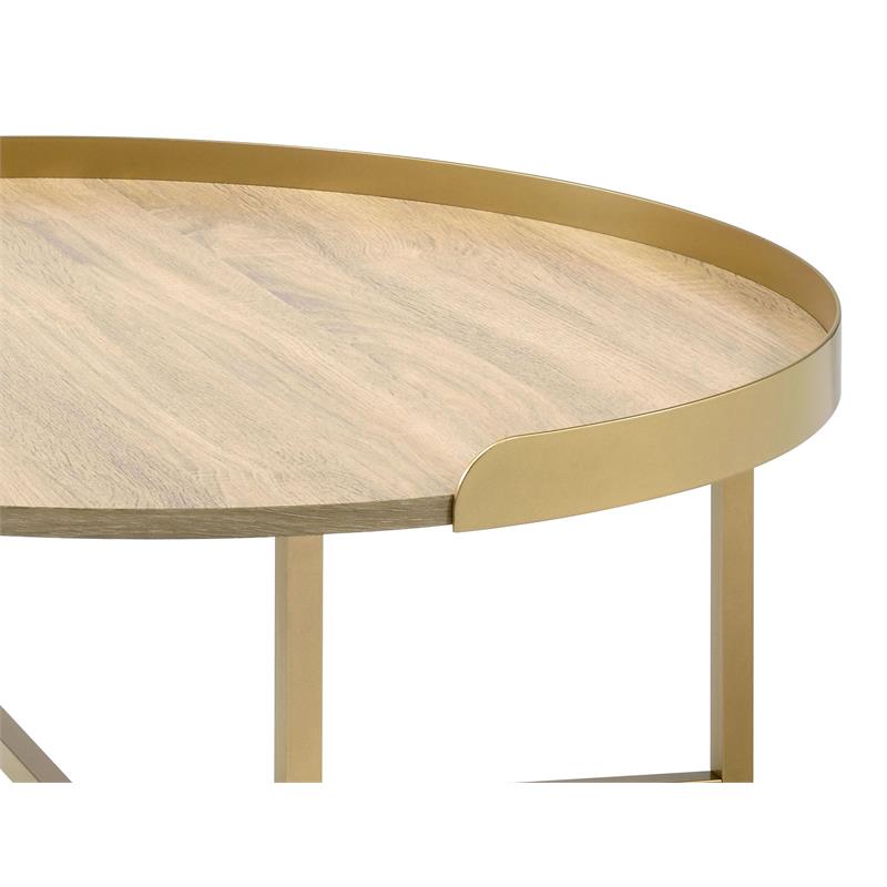 Bowery Hill Mithea Round Wooden Coffee Table with Tray Top in Oak & Gold