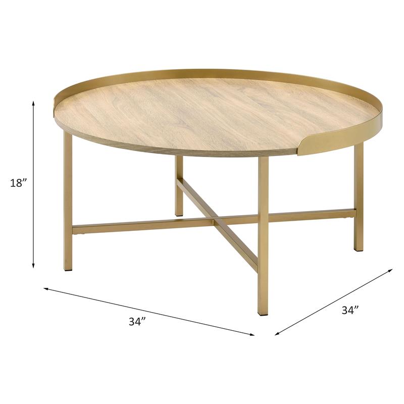 Bowery Hill Mithea Round Wooden Coffee Table with Tray Top in Oak & Gold