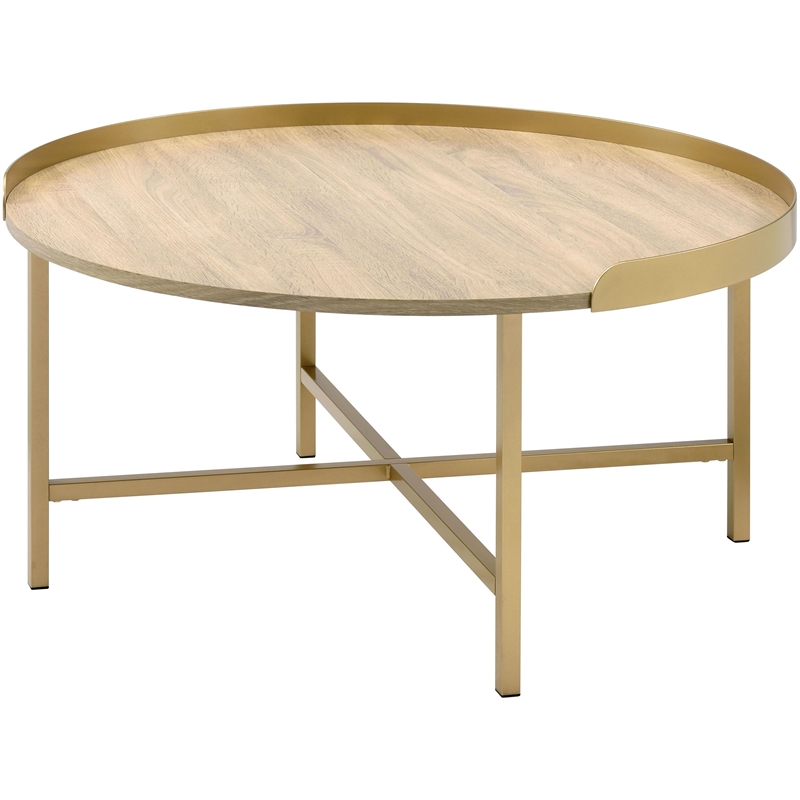 Bowery Hill Mithea Round Wooden Coffee Table with Tray Top in Oak & Gold