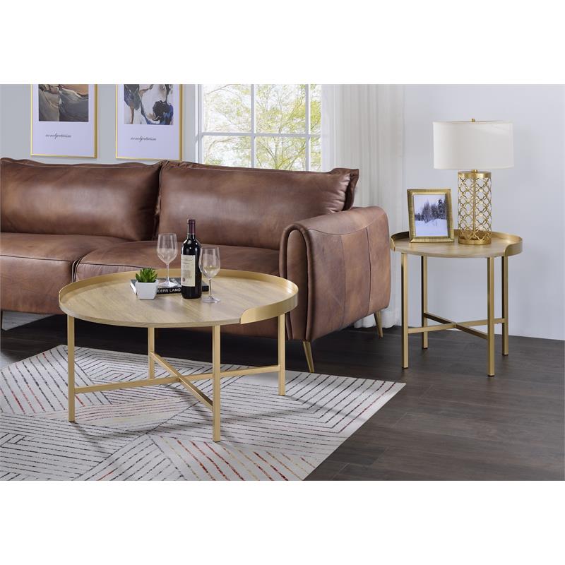 Bowery Hill Mithea Round Wooden Coffee Table with Tray Top in Oak & Gold
