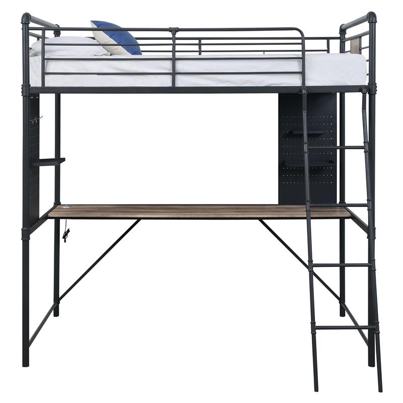 Bowery Hill Twin Metal Loft Bed with Desk in Sandy Black and Dark Bronze
