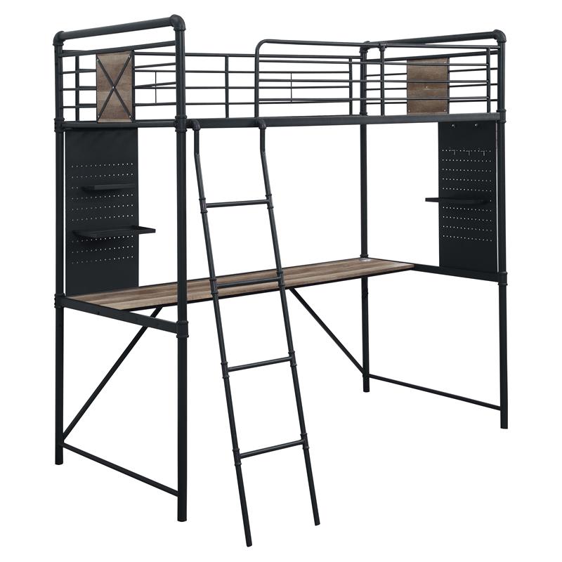 Bowery Hill Twin Metal Loft Bed with Desk in Sandy Black and Dark Bronze