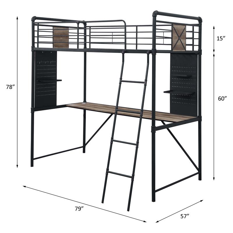 Bowery Hill Twin Metal Loft Bed with Desk in Sandy Black and Dark Bronze