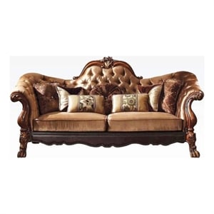 Bowery Hill Velvet Loveseat with 5 Pillows in Golden Brown and Cherry Oak