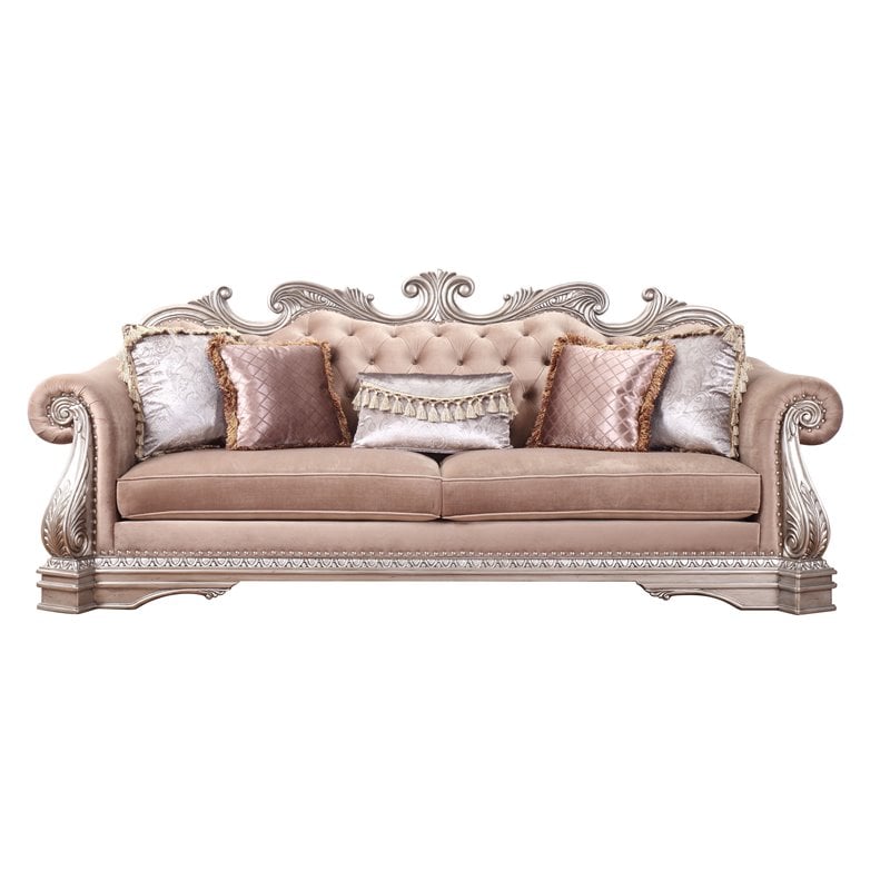 Bowery Hill Velvet Sofa with Carved Detailing in Antique Silver