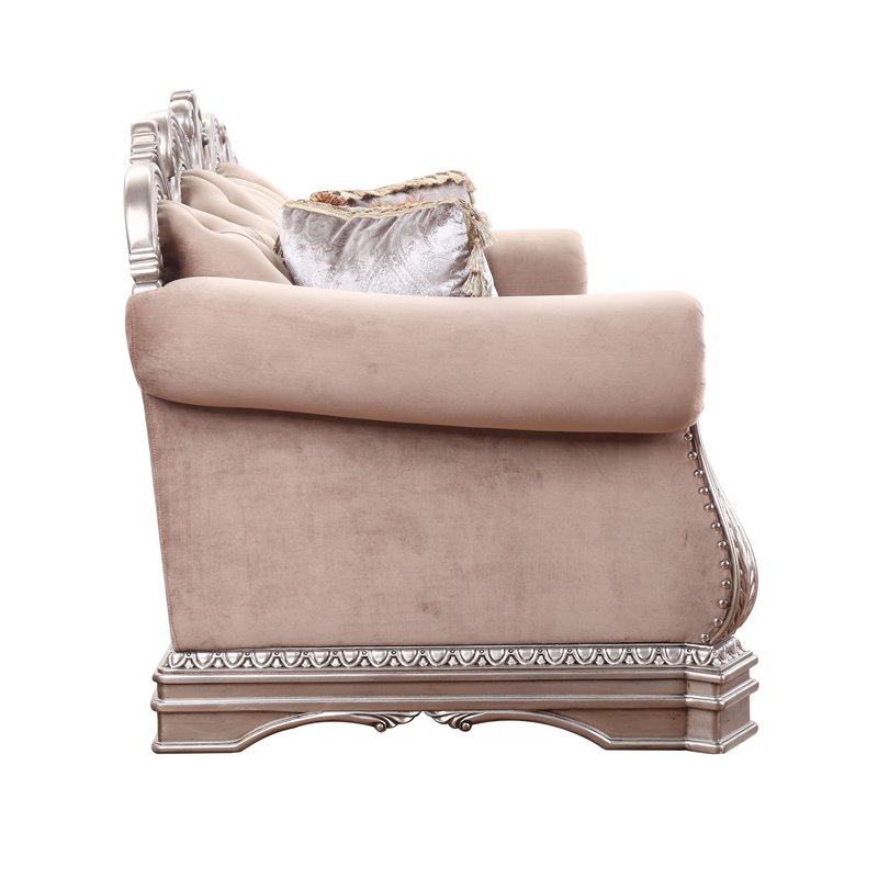 Bowery Hill Velvet Sofa with Carved Detailing in Antique Silver