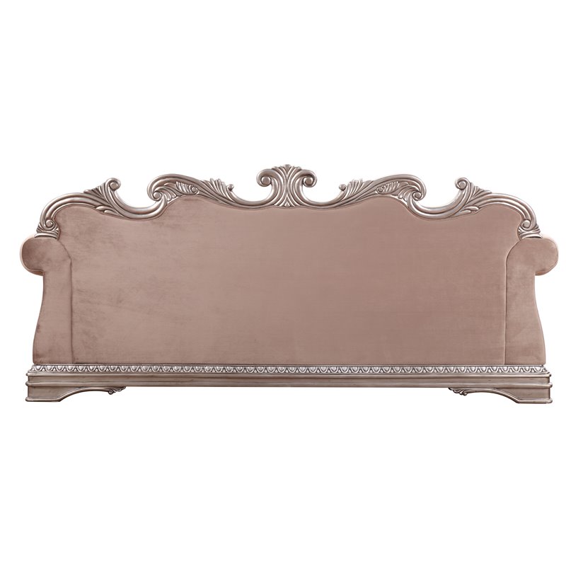 Bowery Hill Velvet Sofa with Carved Detailing in Antique Silver