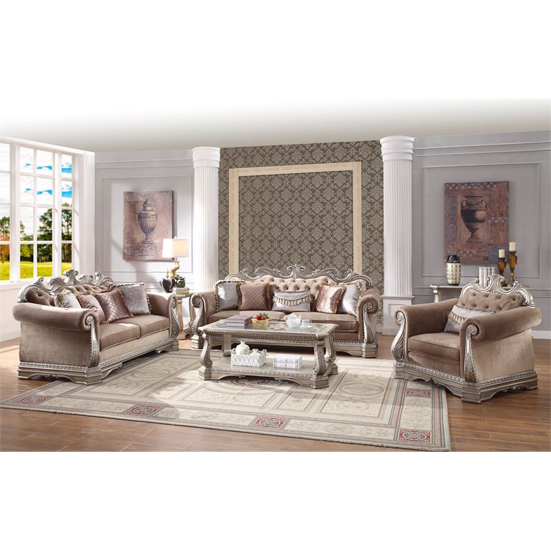 Bowery Hill Velvet Sofa with Carved Detailing in Antique Silver