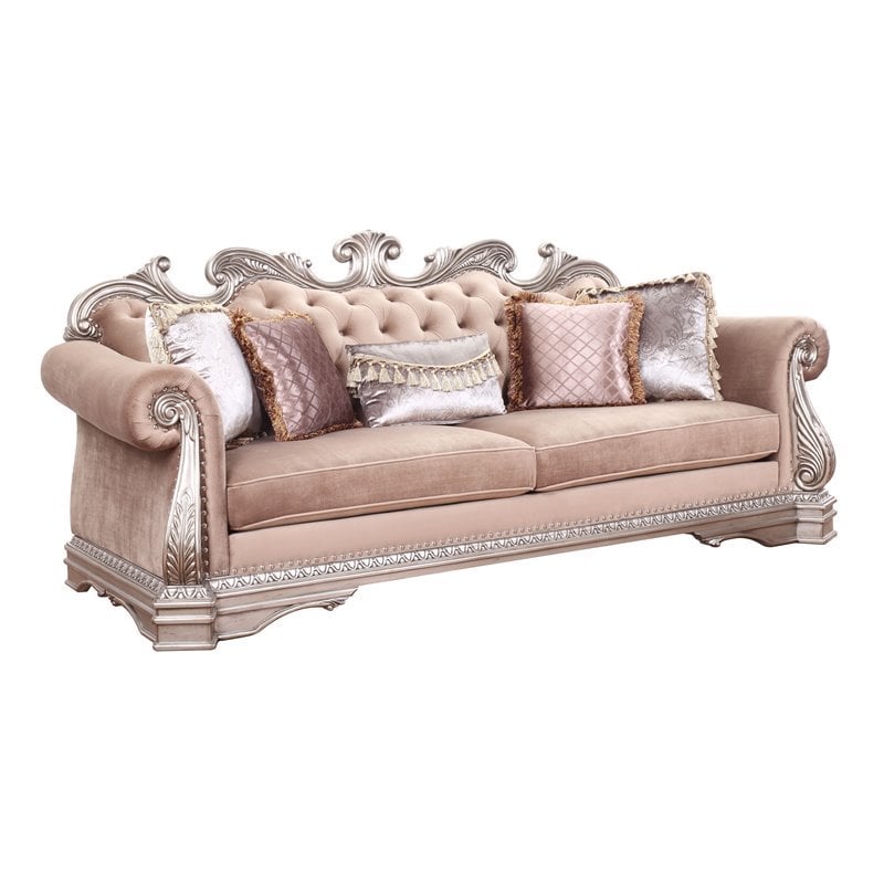 Bowery Hill Velvet Sofa with Carved Detailing in Antique Silver