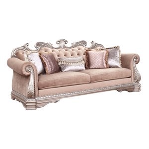 Bowery Hill Velvet Sofa with Carved Detailing in Antique Silver