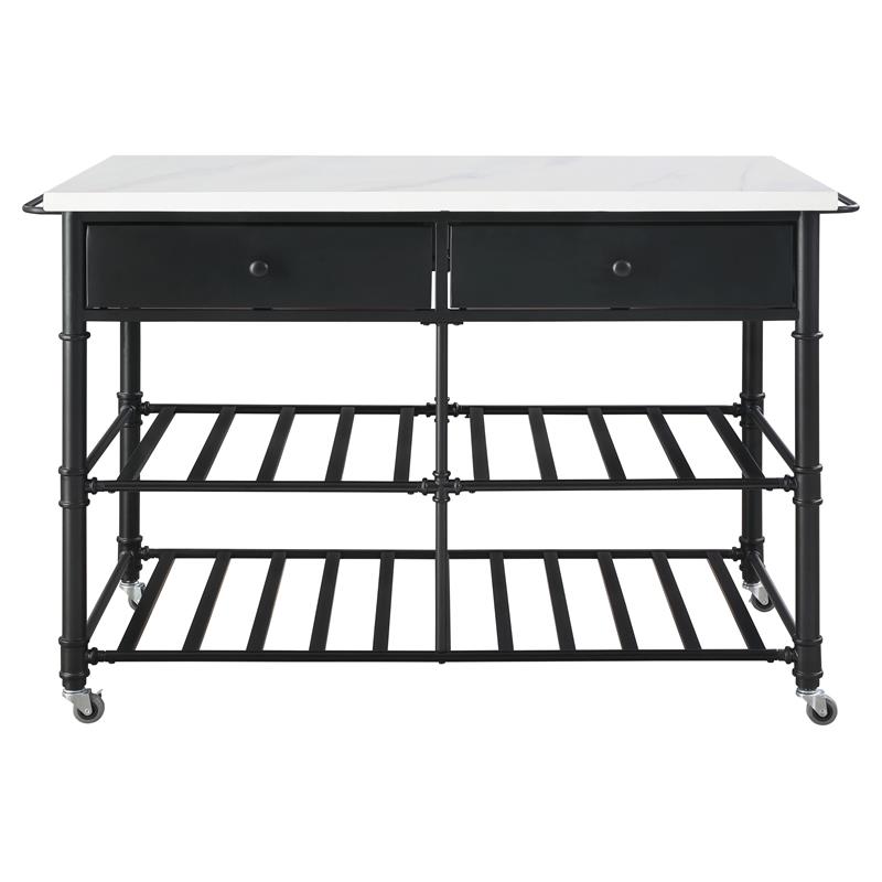 Bowery Hill Emery 2-Drawer Kitchen Island with Metal Shelves in White/Gray