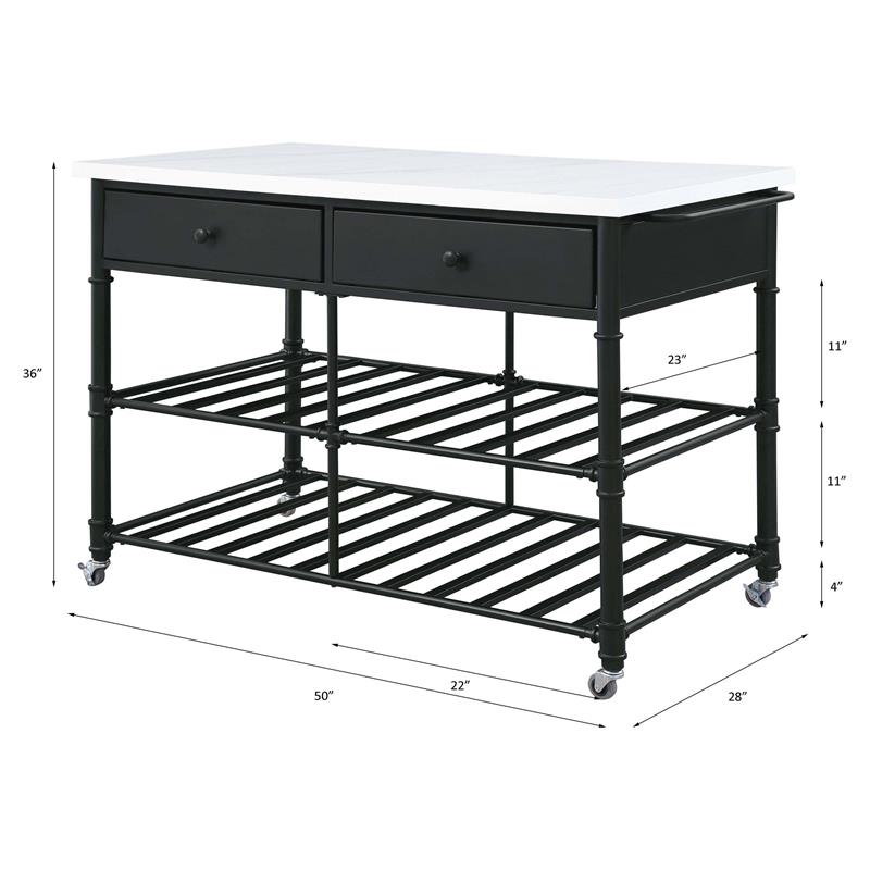 Bowery Hill Emery 2-Drawer Kitchen Island with Metal Shelves in White/Gray