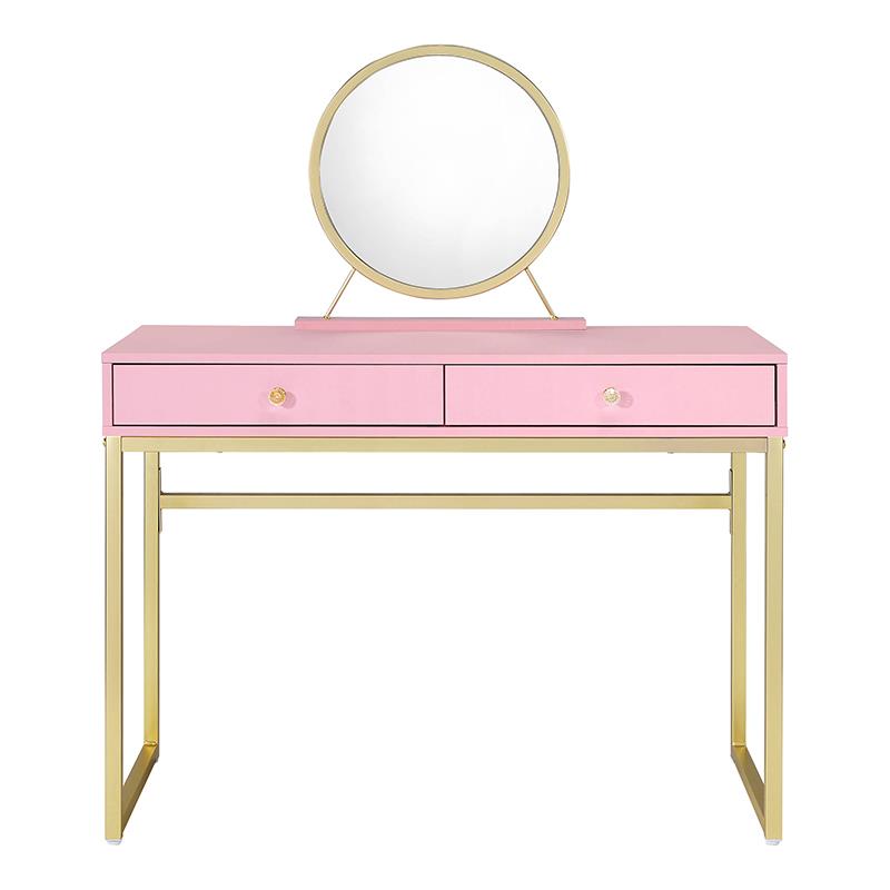 Bowery Hill 2 Drawer Wooden Vanity Desk with Round Mirror in Pink & Gold