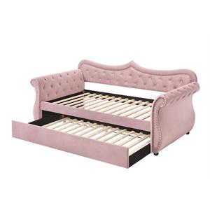 Bowery Hill Tufted Upholstered Velvet Twin Daybed with Trundle in Pink