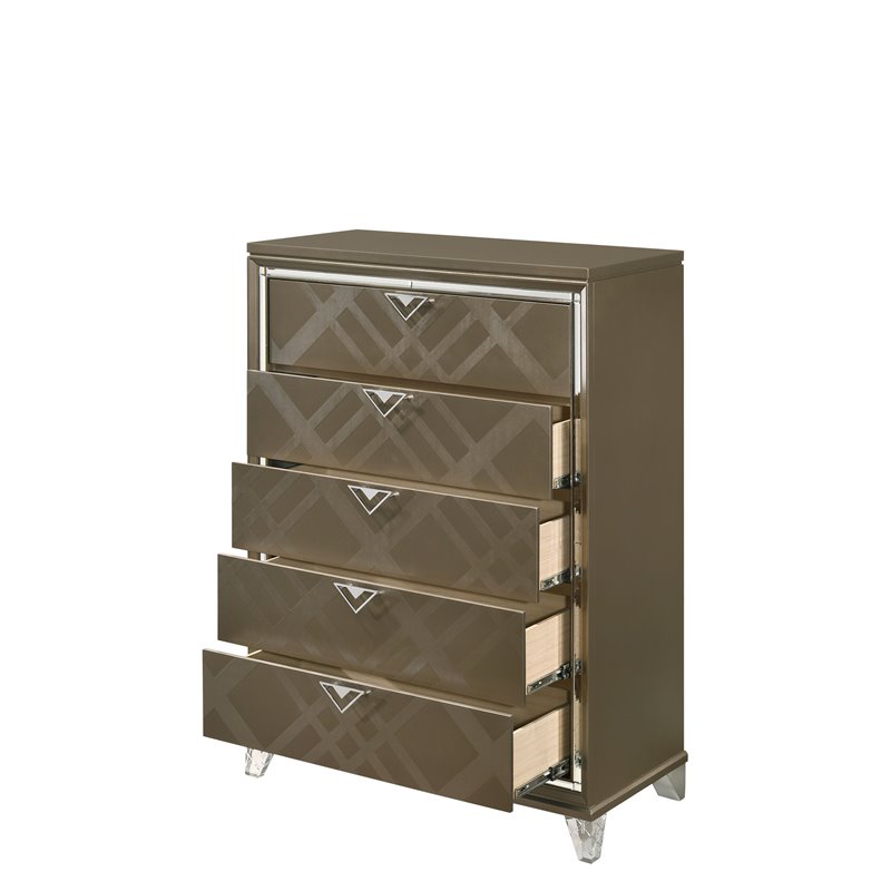 Bowery Hill 5-Drawer Wood Bedroom Chest with Acrylic Legs in Dark Champagne