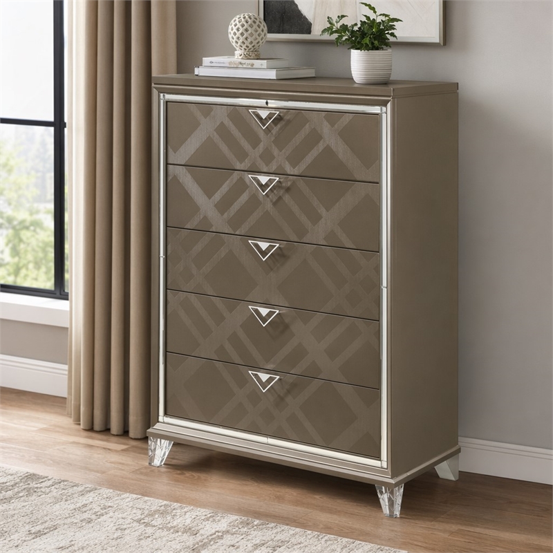 Bowery Hill 5-Drawer Wood Bedroom Chest with Acrylic Legs in Dark Champagne